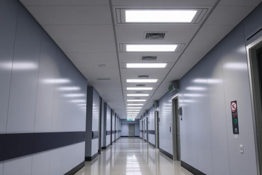Chodba zdravotníckeho zariadenia s LED panelmi